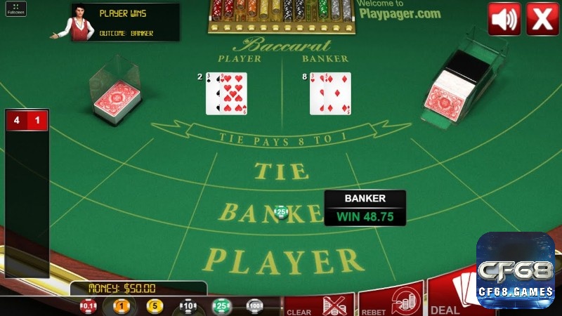 Một ván bài baccarat với ba cửa cược Player, Banker, Tie và cách tính điểm.